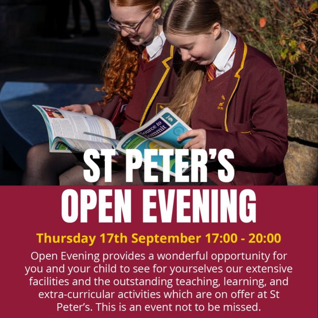 📣 ST PETER’S OPEN EVENING

We warmly invite Year 5 and Year 6 pupils and their families to discover what makes St Peter’s such a special community.

📅 Thursday 17th September
🕔 5pm–8pm
🎤 Headteacher presentations at 5:30pm and 6:30pm

Tour our facilities, meet our staff and pupils, and explore the outstanding teaching, learning and extra-curricular opportunities available.

Come and experience the St Peter’s Family—we look forward to welcoming you!

#StPetersRCHS #OpenEvening #ManchesterSchools #Year5 #Year6 WeAllShineTogether