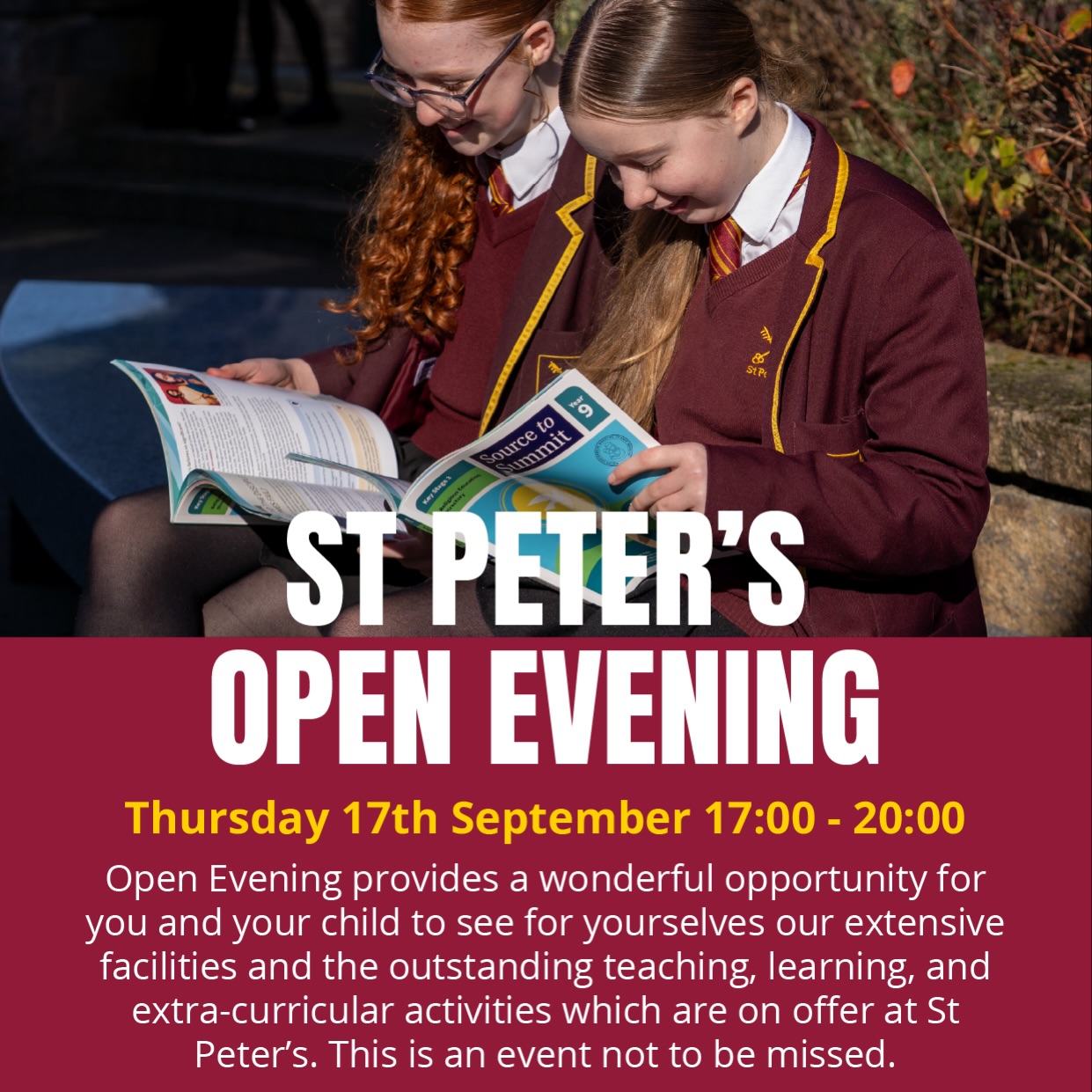 📣 ST PETER’S OPEN EVENING

We warmly invite Year 5 and Year 6 pupils and their families to discover what makes St Peter’s such a special community.

📅 Thursday 17th September
🕔 5pm–8pm
🎤 Headteacher presentations at 5:30pm and 6:30pm

Tour our facilities, meet our staff and pupils, and explore the outstanding teaching, learning and extra-curricular opportunities available.

Come and experience the St Peter’s Family—we look forward to welcoming you!

#StPetersRCHS #OpenEvening #ManchesterSchools #Year5 #Year6 WeAllShineTogether
