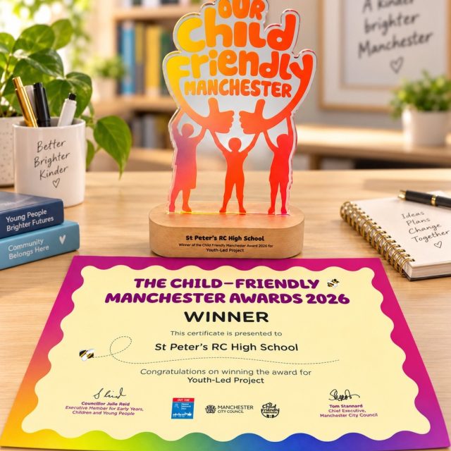 We are incredibly proud to share that St Peter’s RC High School has won the Youth-Led Project Award at the Child-Friendly Manchester Awards 2026! 🌟

This fantastic achievement celebrates the ideas, voices and leadership of our young people and the positive difference they are making in our community.

A huge congratulations to everyone involved — another brilliant example of our pupils living out our values and striving for excellence in all that we do. 
#stpetersrc #awardwinners #child-friendly